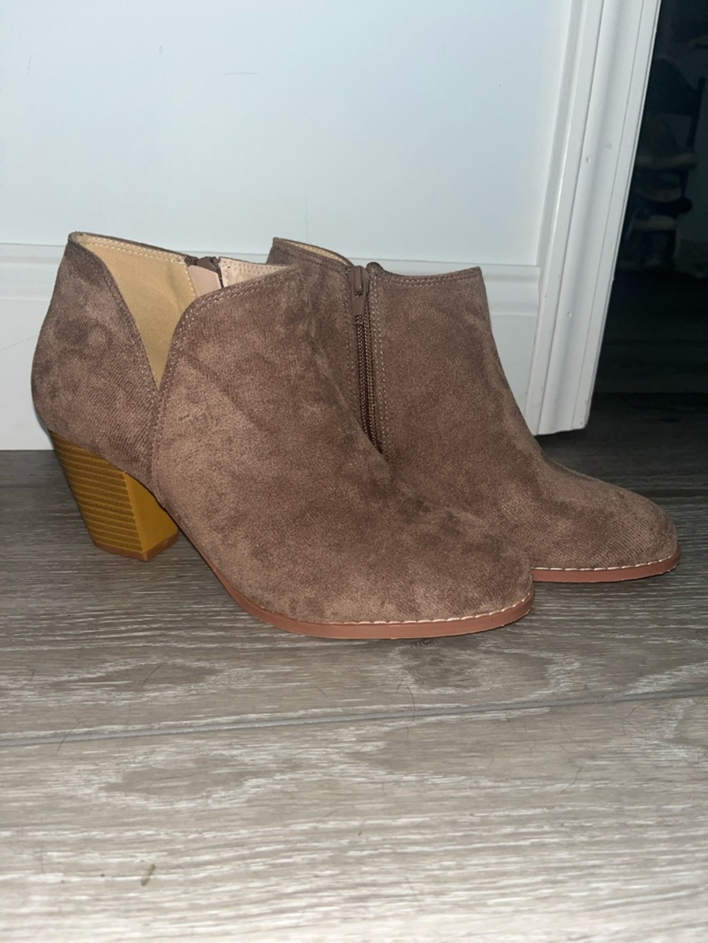 Women's Brown Suede Ankle Booties with Chunky Heel